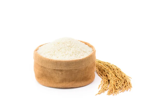 麻袋中的小麦 白色背景下的稻穗的头像 — 图库照片