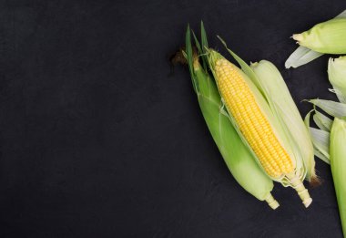Fotokopi alanı olan siyah ahşap bir masanın üzerinde taze mısır.
