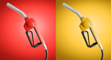 Kırmızı ve sarı arka planda izole edilmiş benzin, dizel ve gaz enjektörlerinin yaratıcı 3D çizimi. Petrol pompası tasarımı