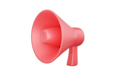 karikatür pembe megafon hoparlörü ya da korna hoparlörü modern megafon hoparlörü ya da anons, iletişim, yayın, beyaz zemin üzerinde izole edilmiş 3D görüntüleme - kırpma yolu