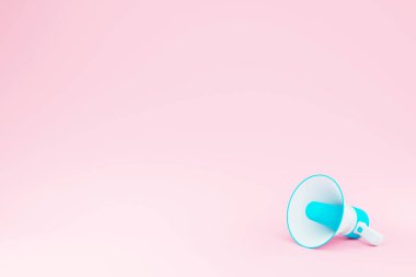 karikatür beyaz ve mavi megafon hoparlörü veya modern megafon hoparlörü duyuru için, iletişim, yayın, pembe zemin üzerinde izole edilmiş - 3D görüntüleme.
