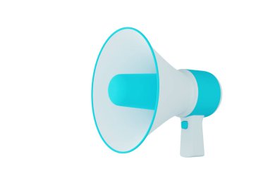 karikatür beyaz ve mavi megafon hoparlörü ya da korna hoparlörü duyurmak, iletişim kurmak, yayın yapmak için baloncuklu modern megafon hoparlörü, beyaz zemin üzerinde izole edilmiş 3D görüntüleme - kırpma yolu