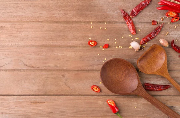Wooden Spoon Fresh Chili Dried Chili Placed Wooden Table Copy — Fotografia de Stock