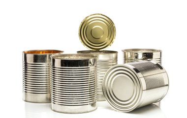 Beyaz arka planda açık kapaklı gümüş metal yemek kutuları.