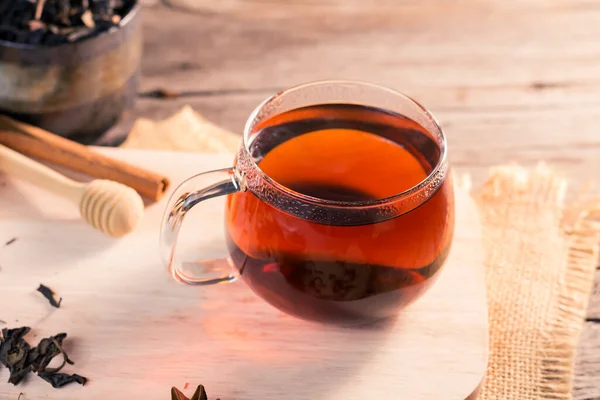 Hot Tea Teacup Glass Tea Placed Wooden Table Background Light — ストック写真