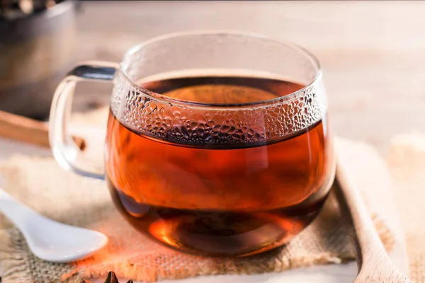 Hot Tea Teacup Glass Tea Placed Wooden Table Background Light — стоковое фото