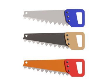 3d illustration hand saw red blue yellow carpentry tools a handicraft industry cut out from a white background