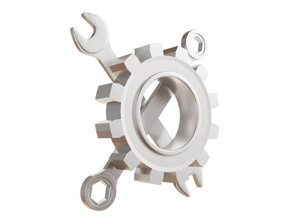metal gear symbol and tools Isolated on white background. 3D render illustration. Repair sign.