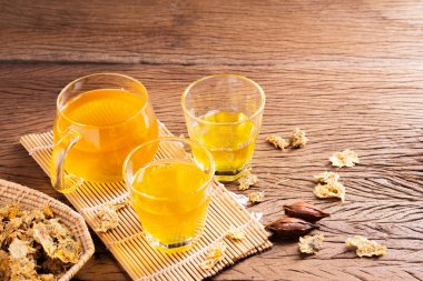 Brew hot tea, chrysanthemum tea and chrysanthemum flowers. Placed on a wooden table Healthy drinks to drink herbs and medical concepts