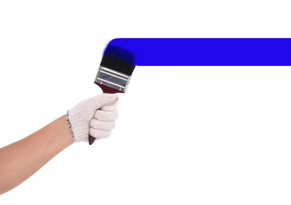 Pintor Usando Guantes Con Pincel Azul Solitario Sobre Fondo Blanco — Foto de Stock