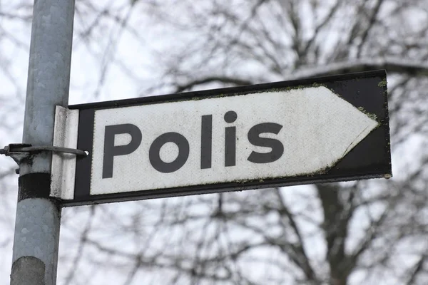Close View Swedish Police Station Directional Sign — Stock Photo, Image