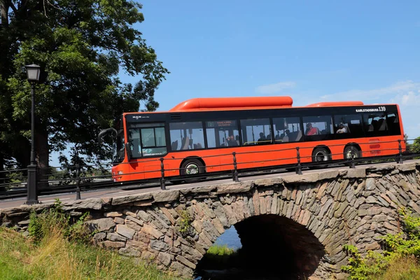 Karsltad Sweden July 2022 Red City Bus Crossing Old 17Th — Stok fotoğraf