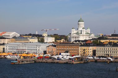 Helsinki, Finland - August 20, 2022: View of Helsinki and the cathedral seen from harbor.