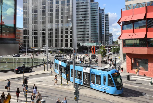 Stockholm Sweden July 2022 High Angle View Blue Caf Tram — стоковое фото