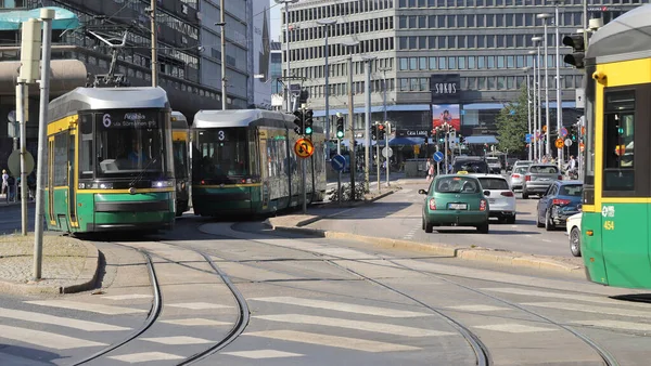 Helsinki Finland August 2022 Three Green Public Transportation Trams Central — Zdjęcie stockowe