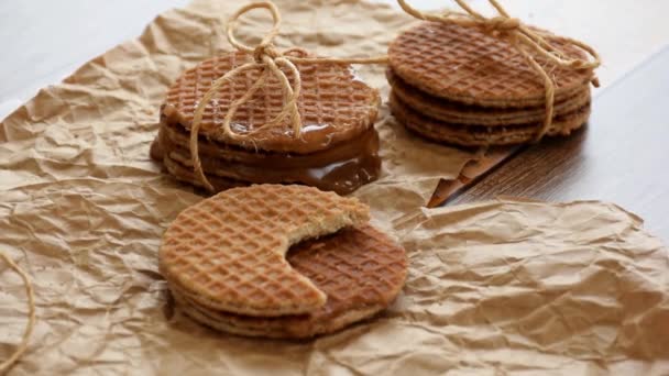 Stroopwafels Stacked Tied Sisal Rope Brown Paper Melted Glucose Syrup — Stock Video