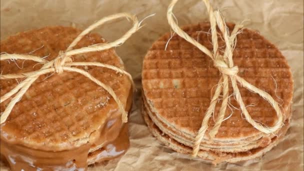 Closeup Stroopwafels Stacked Tied Sisal Rope Brown Paper Melted Glucose — Stock Video