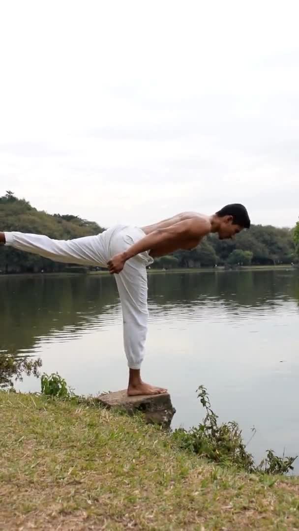 Brasilianischer Junger Mann Praktiziert Yogapositionen Balancieren Auf Einem Bein Einem — Stockvideo