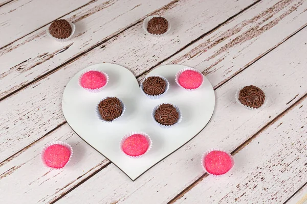 Traditional Brigadeiros Bichos Heart Shaped Plate Brazilian Sweets Stock Picture