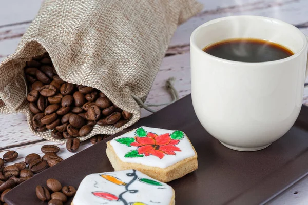 Closeup Christmas Themed Buttery Biscuits Next Beans Cup Coffee — Stock Photo, Image