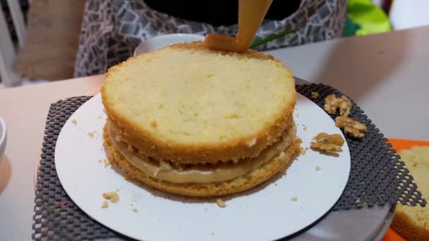 Seçici Odaklanma Şekerci Krema Hortumunu Kullanarak Pastayı Dulce Leche Ile — Stok video