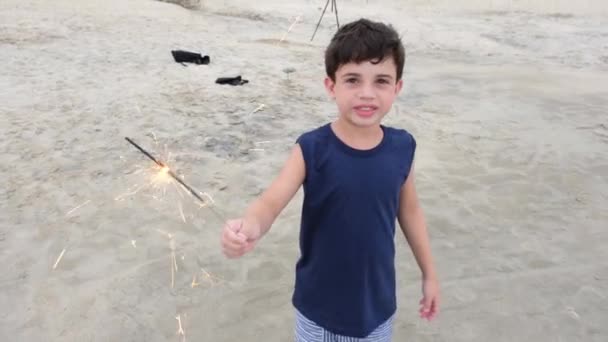 Years Old Child Walking Holding Candle Sparkles Beach Sand — 图库视频影像