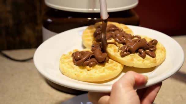 Closeup Spout Pouring Chocolate Cream Waffles Front View — Stock video