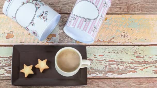 Star Shaped Buttery Biscuit Next Cup Coffee Cans Lying — Stock Video