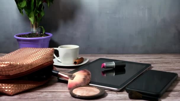 Lipstick Tablet Surrounded Smoky Coffee Cup Smartphone Makeup Rain Petals_Slow — Stok video