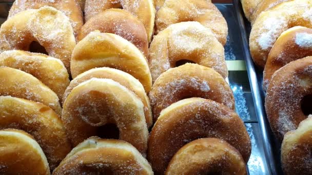 Donut Shaped Breads Cream Filling Being Displayed Brazilian Bakery Showcase — Stockvideo