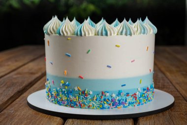 Renkli şekerlerle süslenmiş tereyağlı vanilyalı kek. Arka planda bahçe.