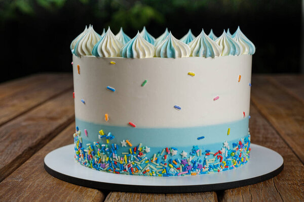 Ванильный торт с глазурью из сливочного крема, украшенный красочными посыпками. Сад на заднем плане.