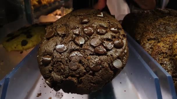 Ugly Chocolate Cookie Closeup Broken Chocolate Chips Bakery Showcase — 비디오