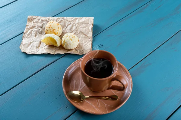 Brazilian Cheese Breads Next Coffee Cup Golden Spoon Blue Wooden — Foto de Stock