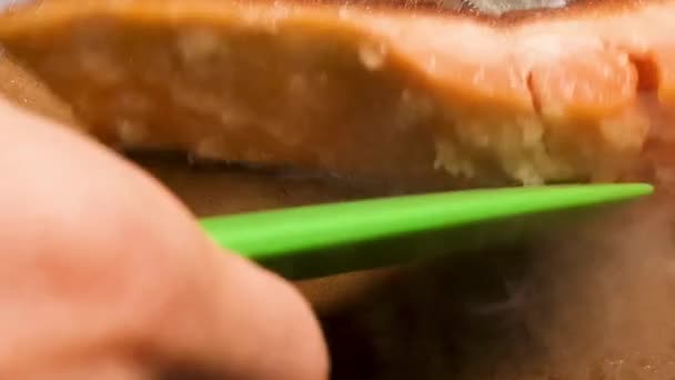 Closeup Well Done Salmon Fillet Being Turned Skillet Butter — Vídeo de Stock