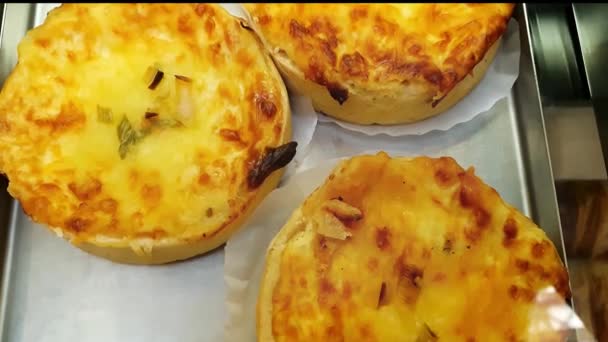 Small Leek Quiche Brazilian Bakery Showcase_Top View — Stock Video