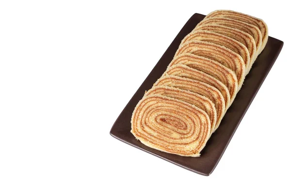 Sliced Bolo Rolo Brown Plate White Background — стоковое фото