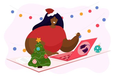 Yeni yıla hazırlık vektör illüstrasyonu. Noel kartları, arkaplan, afiş, poster, internet ve reklam için. Çok ırklı