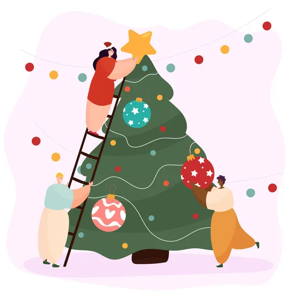 Mutlu arkadaşlar Noel ağacını çelenk ve Noel balosuyla süsleyin.