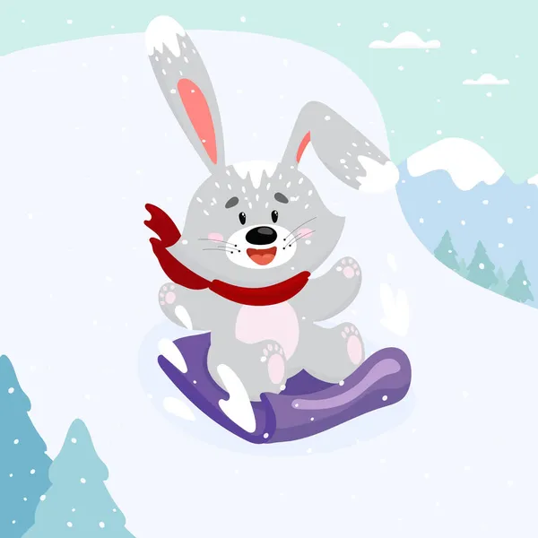 En tecknad hare rider en släde på ett snötäckt berg. — Stock vektor