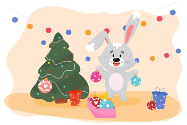 Bir çizgi film tavşanı Noel ağacını Noel ve Noel için oyuncaklarla süslüyor..