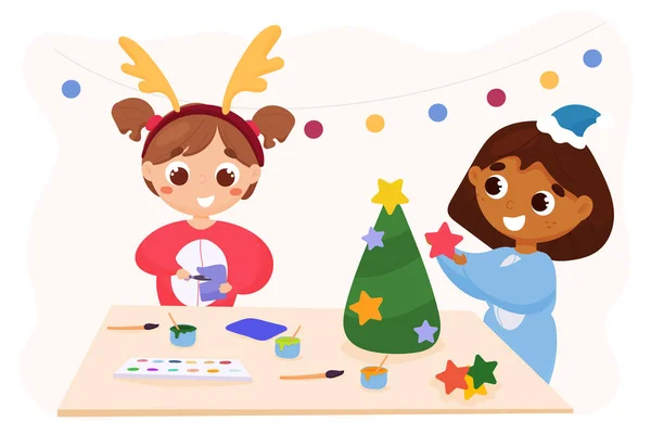 Дети разных национальностей делают рождественские поделки — стоковый вектор