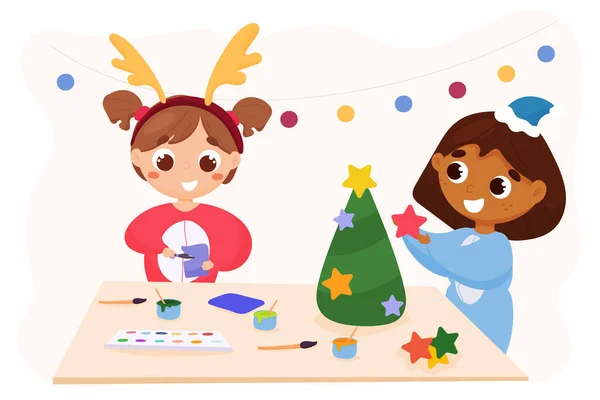 Çok ırklı çocuklar Noel işçiliği yapıyor.