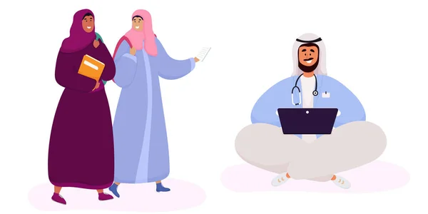 Arab students studying. Muslim men and women at the computer in traditional Arabic clothes. — Stock Vector