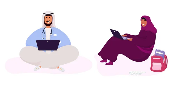 Mahasiswa Arab belajar. Muslim pria dan wanita di komputer dalam pakaian tradisional Arab. - Stok Vektor