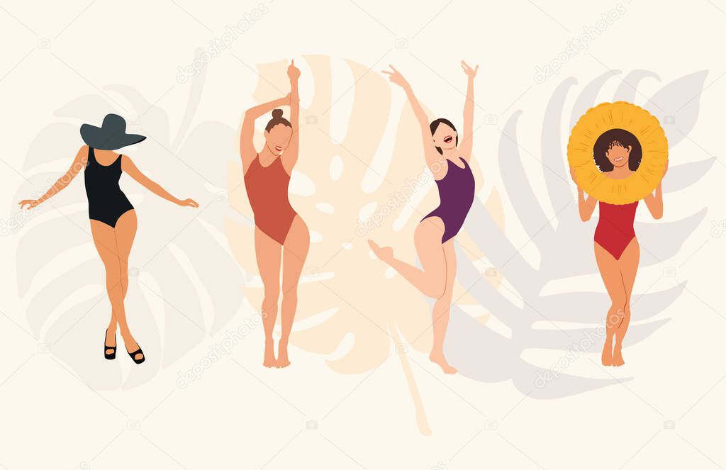 Girls in swimsuits, vector file, vector fern leaves