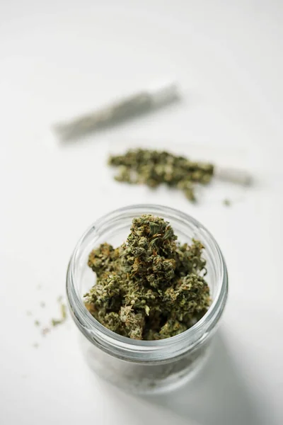 Cannabis Knopp Kardborreknäpp Vitt Bord Medicinsk Marijuanastam Med Trikomer Gräs — Stockfoto