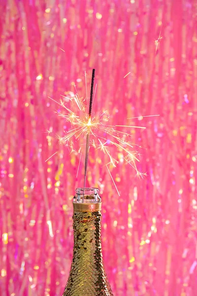 Champagne Golden Bottle Sparklers Trendy Holiday Composition — Stock Photo, Image