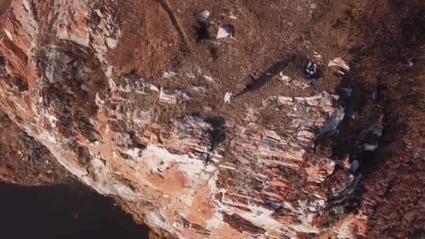 Drone View Unrecognizable People Walking Cliffs River Fall Landscape Birds — Video Stock