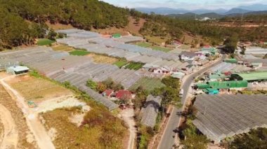 İHA, devasa vinil sera binalarının üzerinde uçuyor. Kapalı alanda organik tarım. Seraların gökyüzü görüntüsü. 